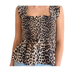 GANNI Ruched Peplum Tank Top – Cheetah Print